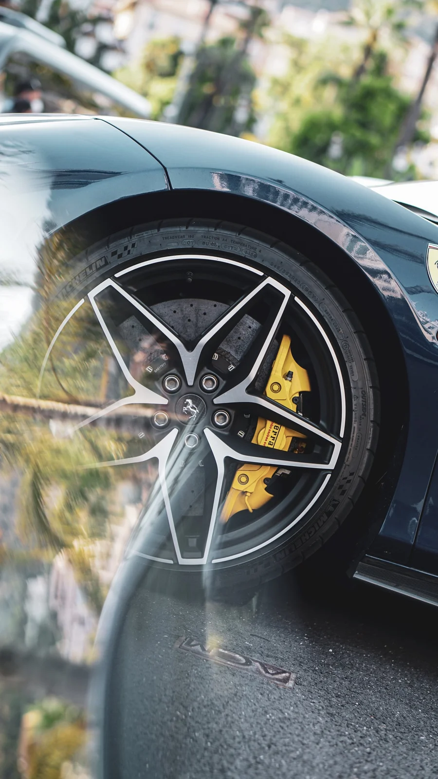 Detail of a blue Ferrari wheel